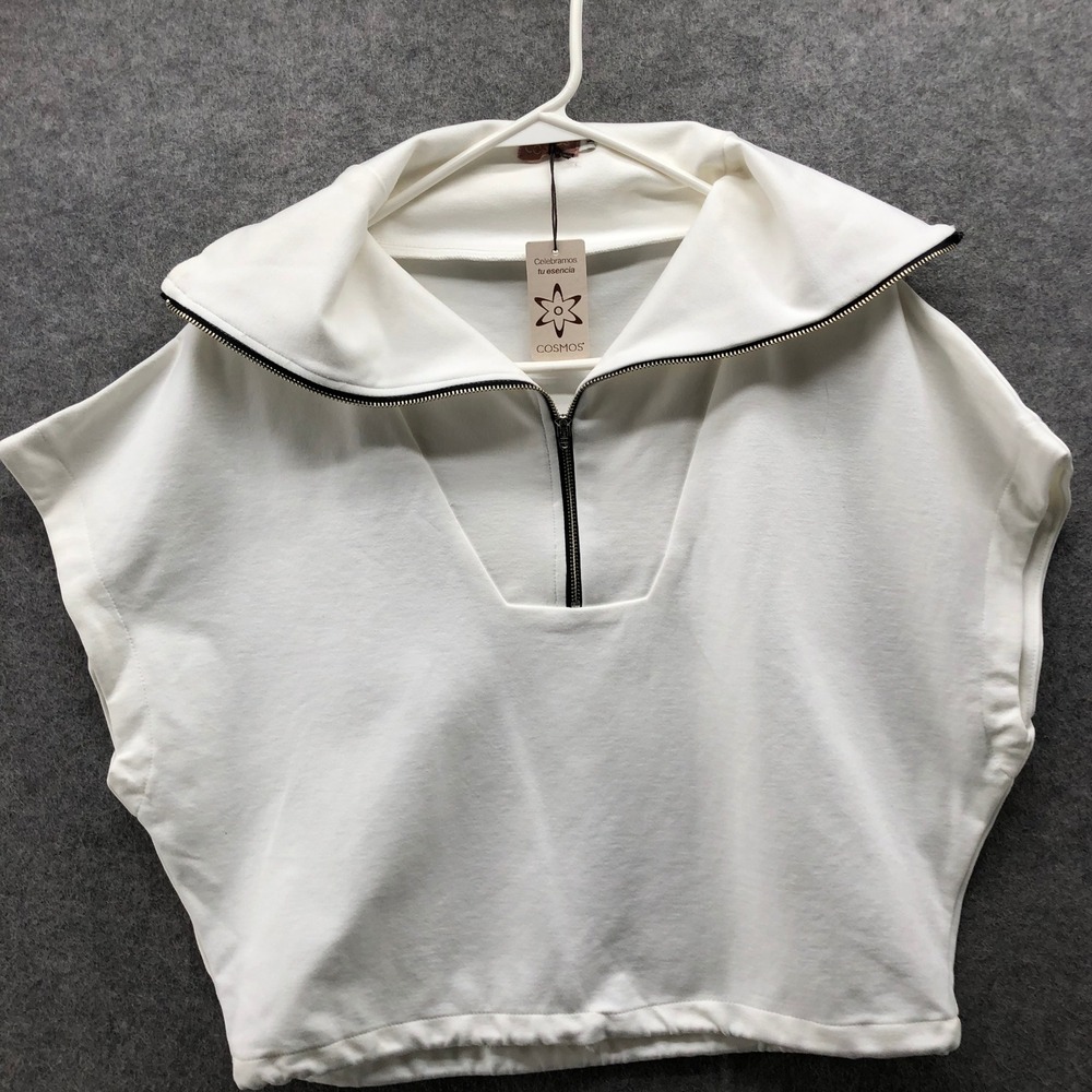 NWT Cosmos Sleeveless Dolman Sweatshirt Womens L White‎ Ivory Collared 1/4 Zip